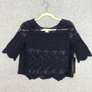 Say What Blouse Womens Small Blue Crop Embroidered Crochet Boho Western Festival